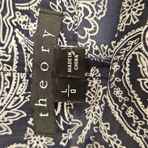 THEORY Mitrana Georgette Wide Leg Pant ~ 100% Silk Navy Blue Paisley Print Large - Picture 13 of 15